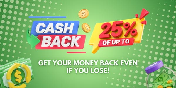 Banner hoàn trả 25% của sunwin ice: dòng chữ 3D đỏ vàng trên nền xanh đốm, kèm các đồng xu vàng.